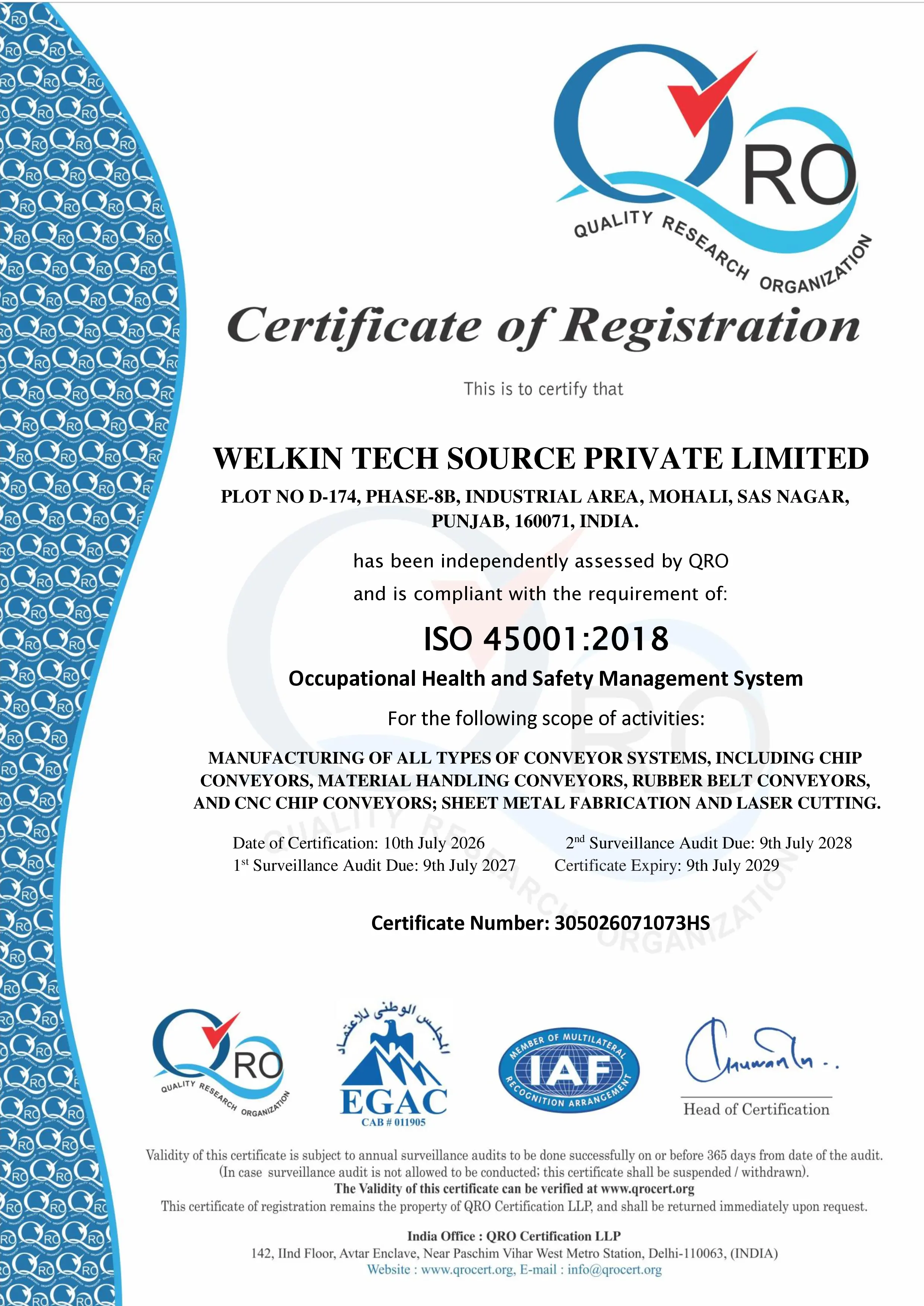 ISO 45001:2018 Occupational Health and Safety Management System Certificate