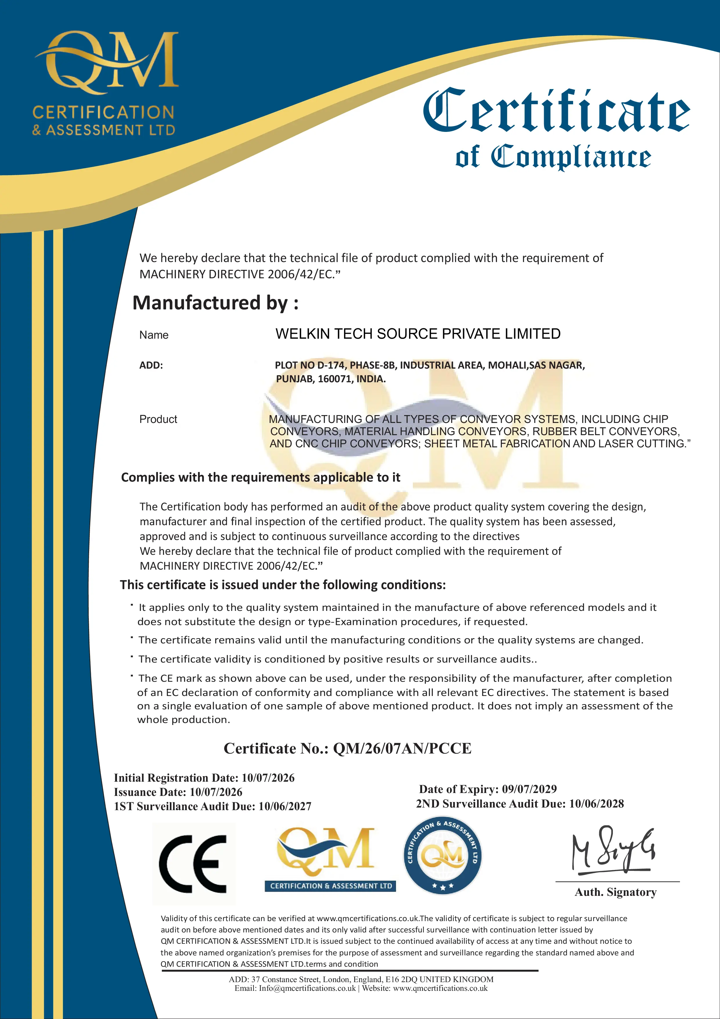 CE Certificate of Compliance