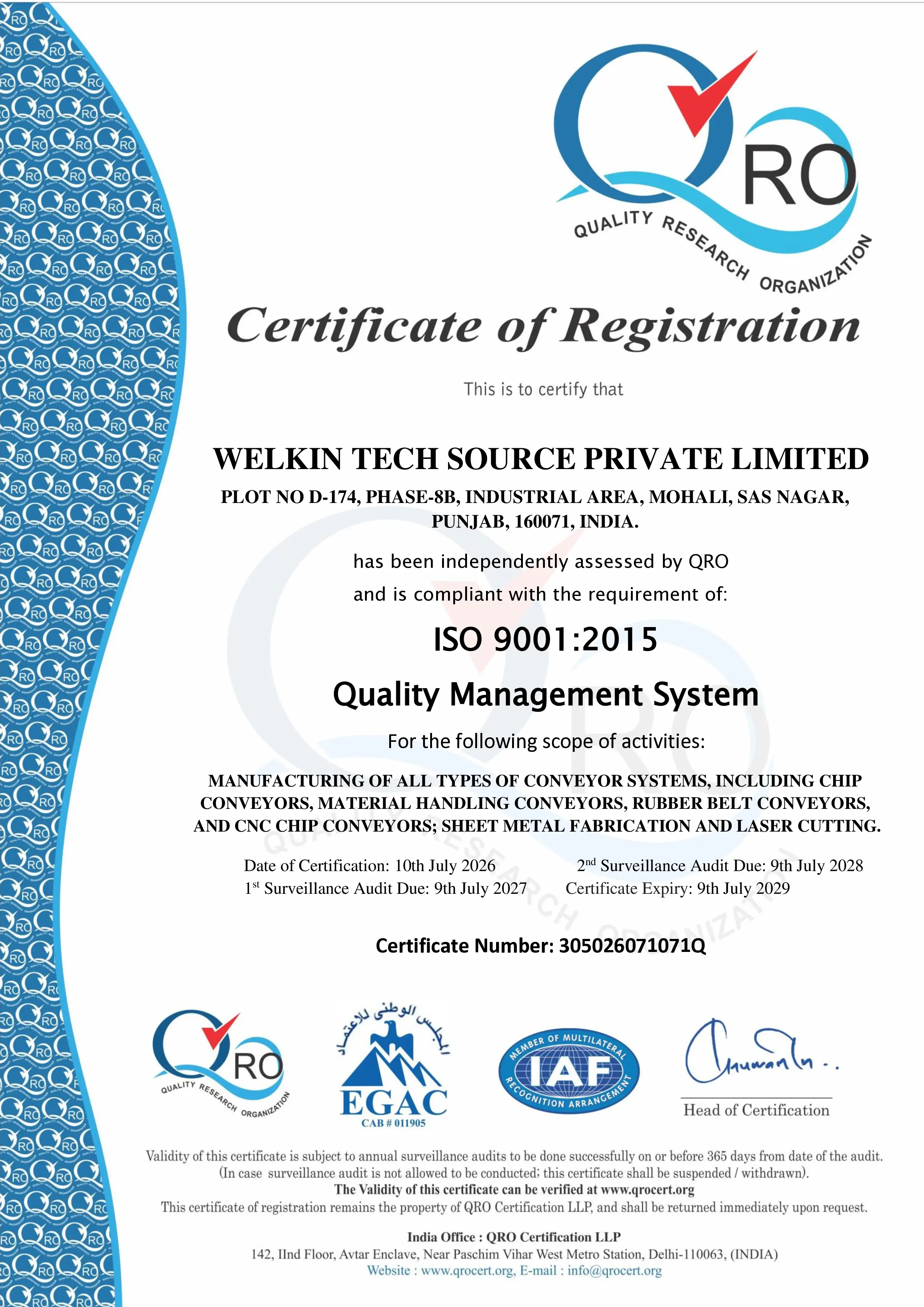 ISO 9001:2015 Quality Management System Certificate